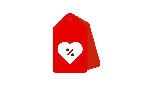 Valentine Sale icon animation. Red sale tag with heart and percentage symbol, isolated on white background.