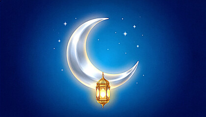 Beautiful crescent moon with glowing lantern hanging from it, surrounded by stars in a serene night sky, perfect for ramadan and eid celebrations