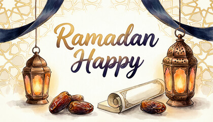 Beautiful Ramadan greeting with traditional lanterns, dates, and a scroll, set against a stunning gold patterned background with a blue ribbon, evoking a sense of peace, harmony, and joy.