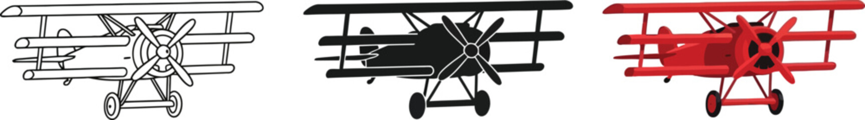 Collection of vintage biplane illustrations in sketch silhouette and color styles perfect for aviation themes and historical designs © Ahmad