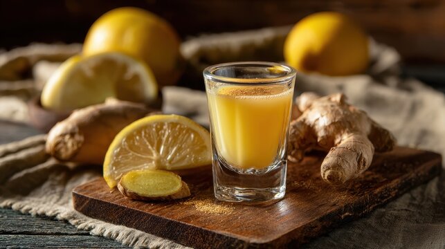 Healthy Ginger and Lemon Immunity Shot on a Rustic Wooden Board with Fresh Ingredients