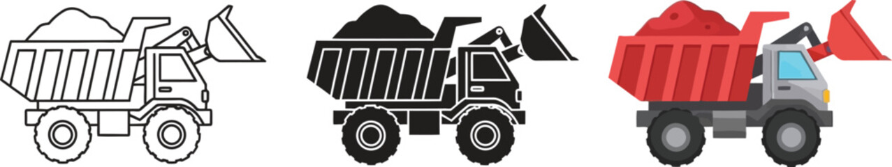 Set of dump truck icons including outline black and white and color versions representing construction and transport for web and print design © Ahmad