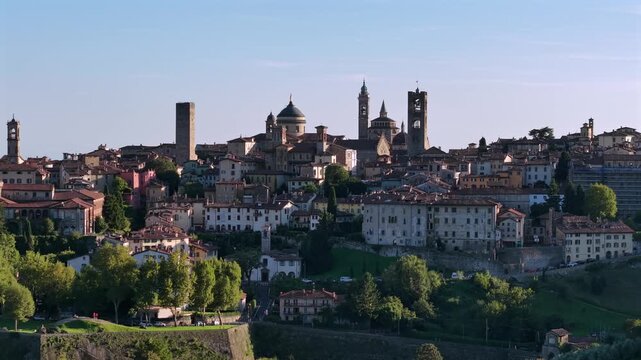 Bergamo Citt&agrave; Alta, Italy. Drone video with panoramic view of historic sites, Italian architecture, and European cityscape. 4K