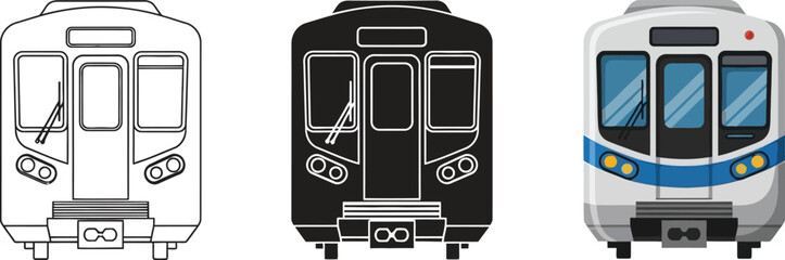 Set of three train front views including outline silhouette and colored vector illustration for transportation concepts © Ahmad