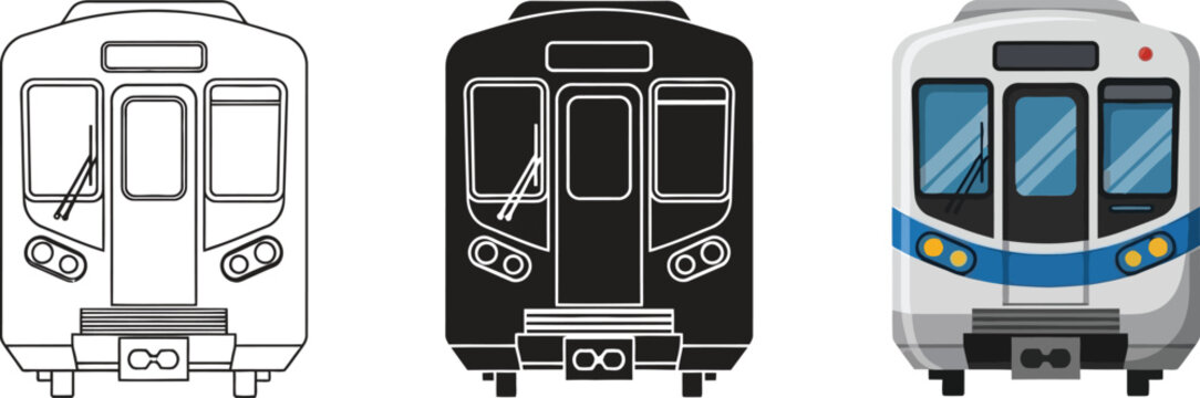 Set of three train front views including outline silhouette and colored vector illustration for transportation concepts