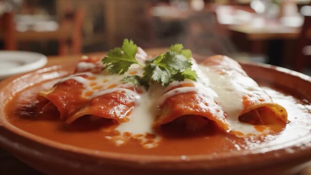 Delicious enchiladas smothered in rich sauce and melted cheese, garnished with fresh herbs, served on a rustic plate in a cozy restaurant atmosphere