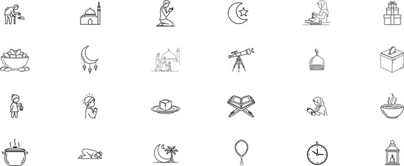 Obraz premium A collection of 24 small black and white Ramadan illustrations of various objects