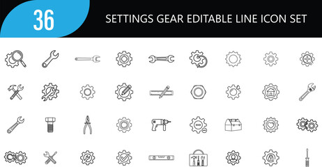 Editable 36 line icon set for settings and gear concepts