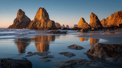 Jagged Sea Stacks on a Wet Sandy Beach Reflecting Golden Sunset Light rocks rocky