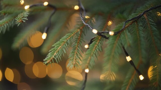 4K video of Christmas tree branches with warm lights