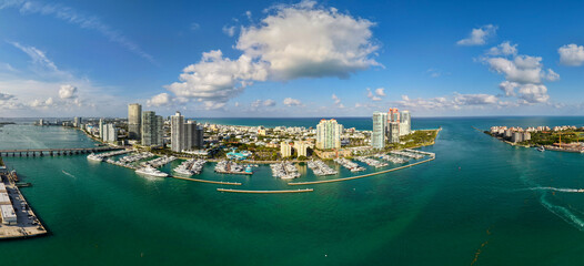 Panorama of Miami Beach with turquoise waters. Drone shot of Miami skyline. Panoramic of Miami famous coastline. © be free