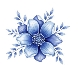 A beautifully illustrated blue floral design with delicate petals and leaves isolated on transparent background