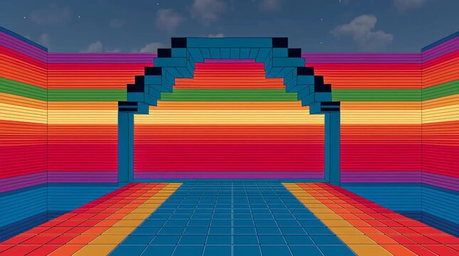 Retro Arcade Tunnel Stock Video with Colorful Pixelated Design