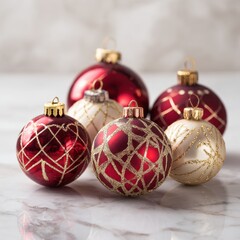 Luxurious Red and Gold Christmas Ornaments with Intricate Patterns on Marble.
