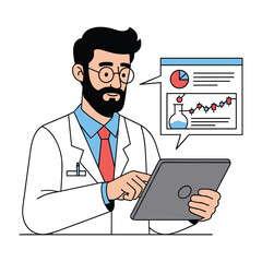 Scientist analyzing data on tablet with graphs and charts vector illustration