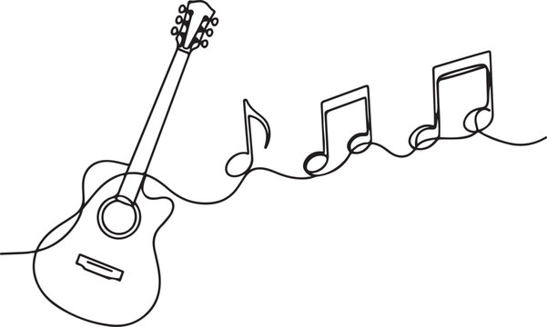 Single line of an acoustic guitar with musical notes flowing from it single line continuous line 1