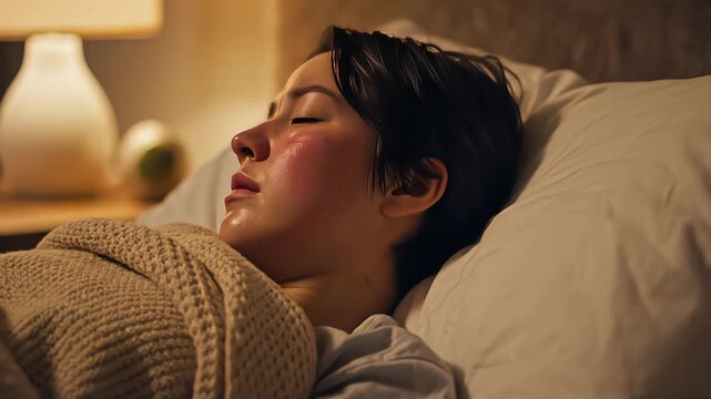 Close up of sick young woman sleeping in bed with fever and sweating face experiencing nightmare or illness symptoms at night
