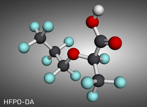 Hexafluoropropylene oxide dimer acid or HFPO-DA molecule. PFAS environmental pollution and water contamination. Molecular model. 3D rendering. Illustration