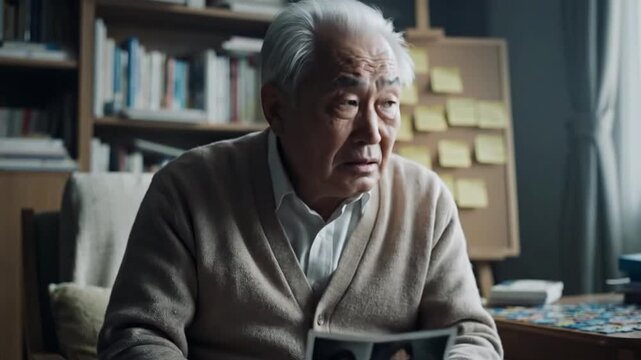 Thoughtful aged man experiencing stress and anxiety at home due to memory loss or dementia symptoms during lonely retirement while sitting in solitude within his quiet residence.