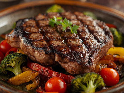 Juicy Grilled Beef Steak with Roasted Vegetables and Broccoli on a Plate; Healthy Gourmet Dinner Background