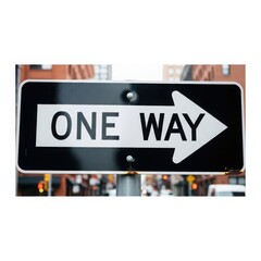 Rectangular one way street sign with white arrow and text white background