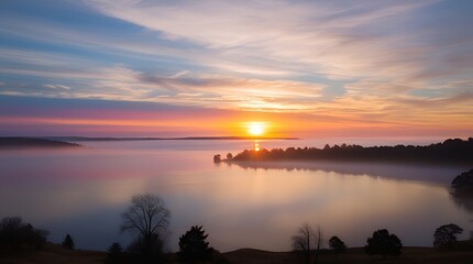 Fototapeta premium Majestic dawn over a pristine alpine lake, glowing peaks mirrored perfectly in still water, contrast of crisp cool tones and gentle sunrise warmth, sweeping panoramic vista, atmospheric