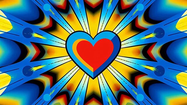 Symmetrical colorful abstract pattern with heart and geometric shapes