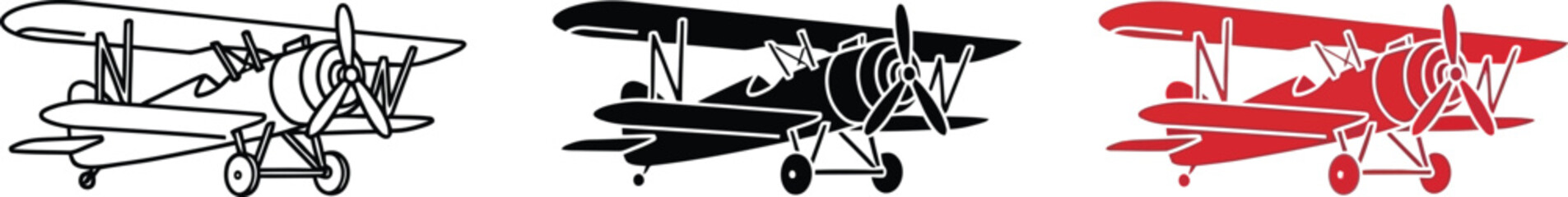 Collection of vintage biplane icons in outline silhouette and red vector styles representing aviation and travel concepts for graphic design © Ahmad