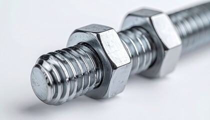 Close up macro shot of a metal bolt and nut assembly against a white background