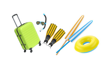 Travel suitcase, snorkel gear, fins, surfboards, and float ring shown isolated on white background, representing holiday vacation fun © Vasyl Onyskiv