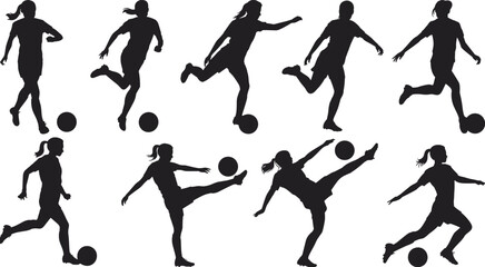 Soccer player silhouettes vector set, kicking, dribbling, striking ball, dynamic sports poses, athletic movement, football illustration, black silhouettes, action collection design © KanonRani art