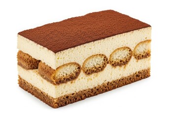 Delicious tiramisu dessert layered with coffee and cocoa powder isolated on white background