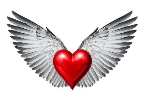 Red heart with wings on transparent background, png
