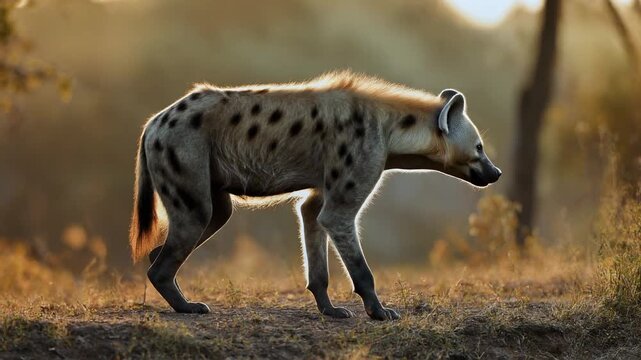 A spotted hyena walks through a dry grassland during sunrise in a natural habitat with a blurred background and warm lighting.