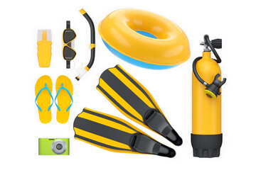 Scuba diving and beach gear set with flippers, snorkel, air tank, flip-flops, and float ring isolated on white background © Vasyl Onyskiv