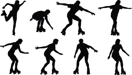 Roller skating silhouettes vector set, dynamic poses, skating balance, crouching, upright stances, motion illustration, sports activity design, black silhouettes, skating techniques collection © KanonRani art