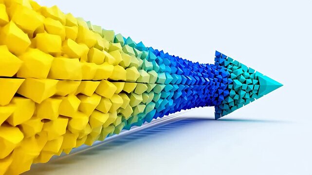 Colorful geometric arrow shape with gradient orange and blue blocks on white background