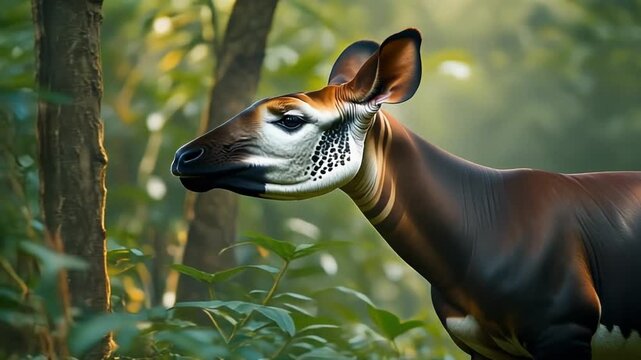 A serene okapi stands amidst lush greenery in a forest, viewed from the side, surrounded by dense foliage and sunlight filtering through the trees.