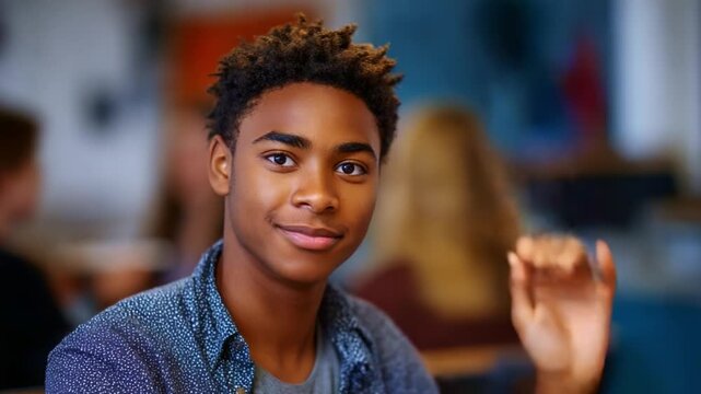A young student energetically raises his hand in class, eager to participate and share his thoughts, showcasing enthusiasm and readiness for learning.