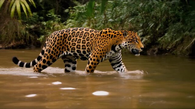 A majestic leopard wades through a serene river surrounded by lush greenery from a low-angle viewpoint