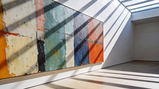 Abstract colorful painting on white wall with sunlight beams in gallery