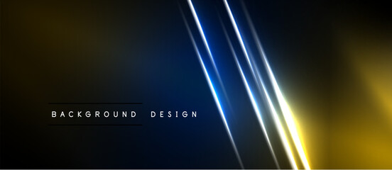 Dark abstract background. Diagonal lines create dynamic glow effect. Gold, blue hues dominate composition. Modern design element. © antishock
