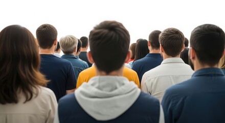 Crowd of diverse people viewed from behind facing forward white background