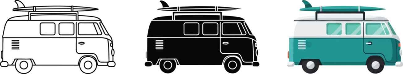 Collection of vintage camper van icons with surfboards on roof representing travel and adventure isolated on white background © Ahmad