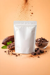 Blank White Stand-Up Pouch with Cocoa Powder Splash and Chocolate Ingredients