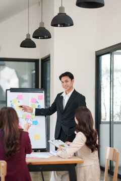 Asian businessman in a black suit giving a presentation to his female colleagues in a bright, modern office. He is pointing at a whiteboard filled with charts, graphs, and colorful sticky notes while 