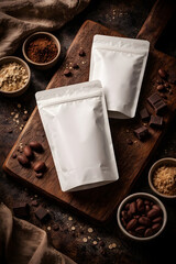 Blank White Stand-Up Pouches with Chocolate Ingredients Flat Lay Composition