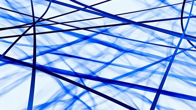 Blue abstract lines and curves forming geometric pattern on white background