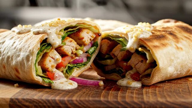 Delicious chicken wraps cut in half and served on a wooden board freshly prepared