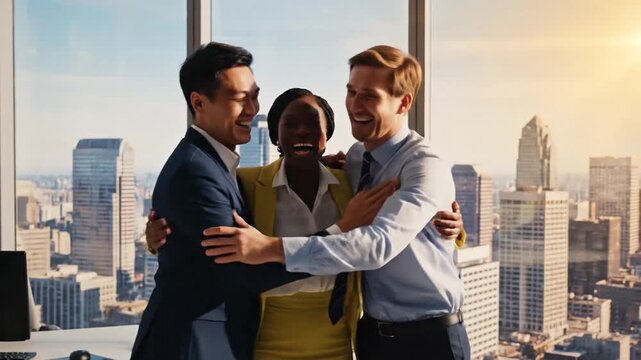 Group of diverse professional business colleagues celebrating successful financial investment deal with happy high five gesture and joyful embrace in modern office interior with beaming smiles